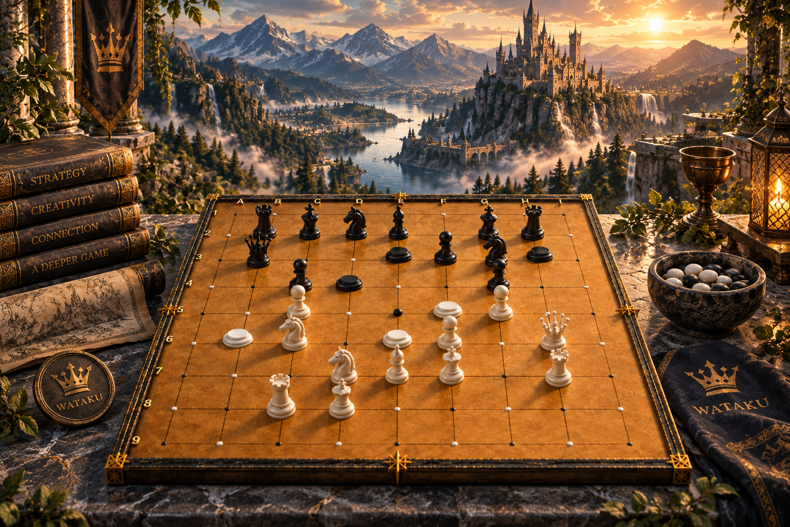 Wataku board overlooking a mountain kingdom at sunset